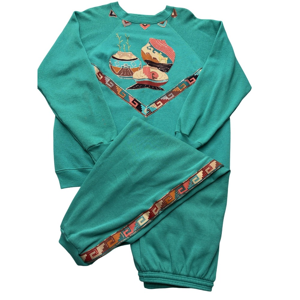 Vintage Hanes Her Way‎ Sweatsuit Set Womens XL Teal Green Southwestern Made USA